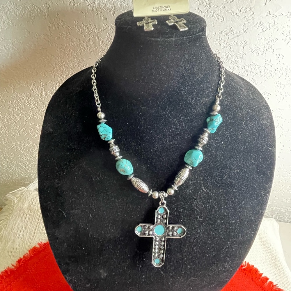 Dfl VIMCI Turquoise, Silver Tone, C.Z. Diamonds Cross Necklace, Earring Set - Picture 6 of 16